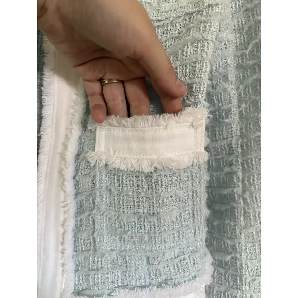 L'AGENCE Agnes Tweed Denim Jacket XS Ice Blue White $525 Quiet Luxury